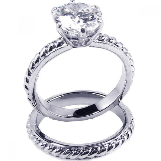 Sterling Silver 925 Rhodium Plated Clear Solitaire CZ Rope Ring Set Sizes 5-9