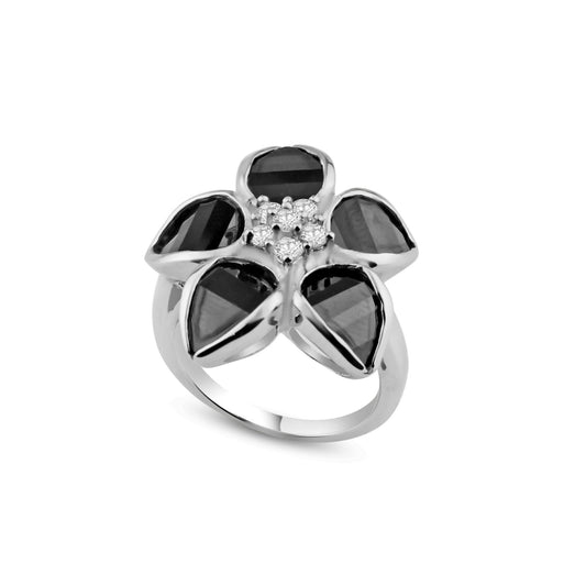 Sterling Silver 925 Rhodium Plated Black Clear CZ Cute New Flower Ring Sizes 5-9