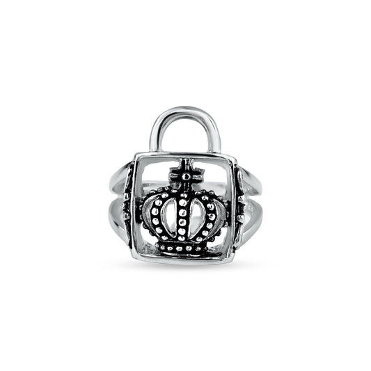 Sterling Silver 925 Rhodium Plated Crown Lock Wide Statement New Ring Sizes 5-9