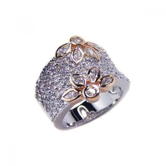 Sterling Silver 925 Rhodium Gold Plated Clear Pave Set CZ Flower Ring Sizes 5-9