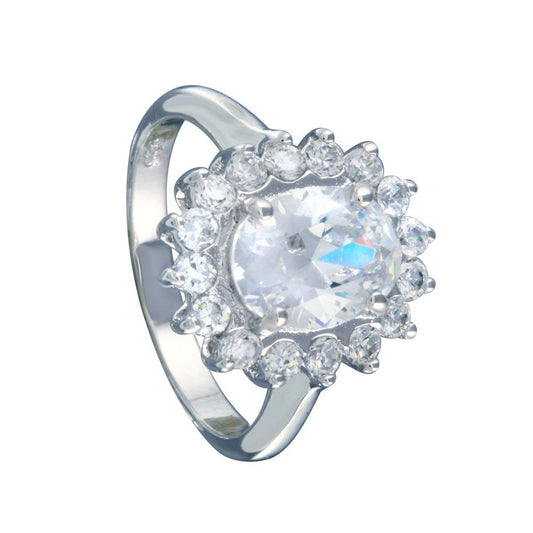 Sterling Silver 925 Rhodium Plated Clear CZ Flower Halo Bridal Ring Sizes 5-9