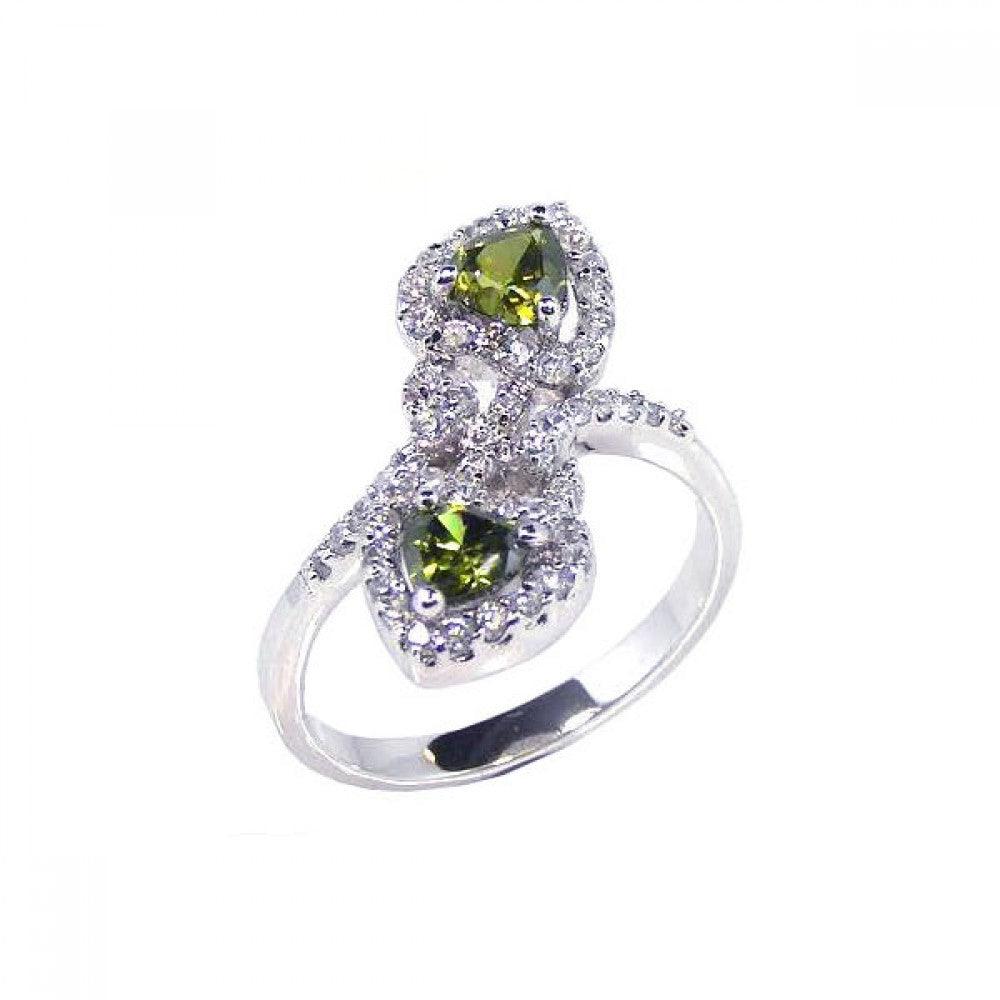 Sterling Silver 925 Rhodium Plated Green Clear CZ Double Heart Ring Sizes 5-10