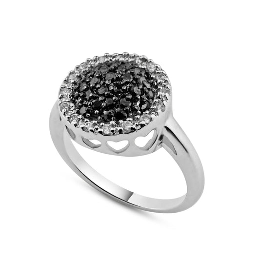 Sterling Silver 925 Black Rhodium Plated Clear Black CZ Circle Ring Sizes 5-9