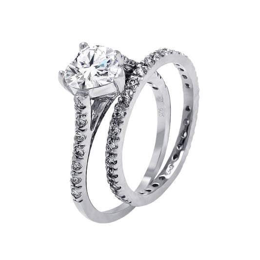 Sterling Silver 925 Rhodium Plated Clear CZ Heart Bridal Ring Set Love Sizes 5-9