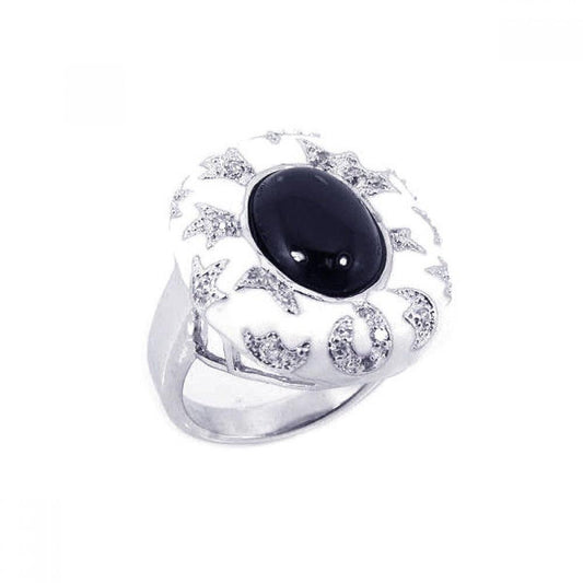 Sterling Silver 925 Rhodium Plated Enamel Black Onyx CZ Moon Star Ring Sizes 5-9