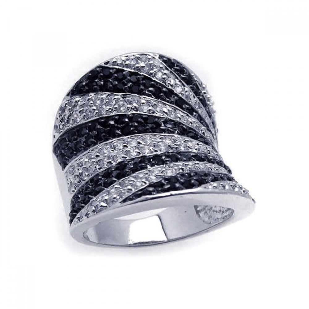 Sterling Silver 925 Black Rhodium Plated Clear Black CZ Stripes Ring Sizes 5-9