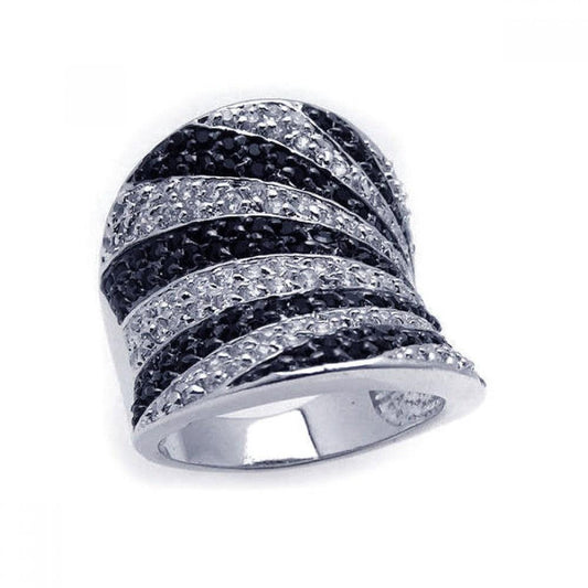 Sterling Silver 925 Black Rhodium Plated Clear Black CZ Stripes Ring Sizes 5-9