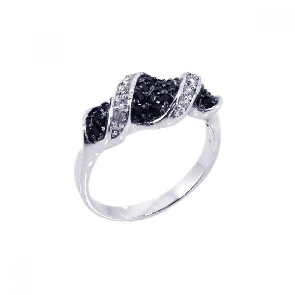 Sterling Silver 925 Black Rhodium Plated Black and Clear CZ Twist Ring Sizes 6-9