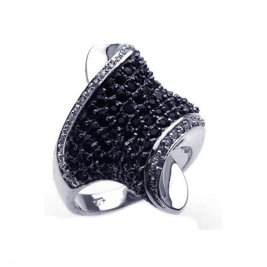 Sterling Silver 925 Black Rhodium Plated Pave Black Clear CZ Wave Ring Sizes 5-9