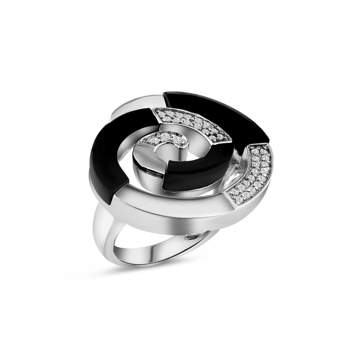 Sterling Silver 925 Rhodium Plated Black Onyx Clear CZ Spiral Ring Sizes 5-9