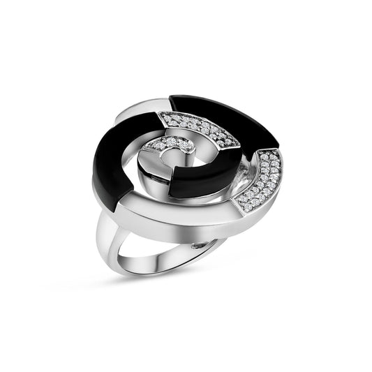 Sterling Silver 925 Rhodium Plated Black Onyx Clear CZ Spiral Ring Sizes 5-9