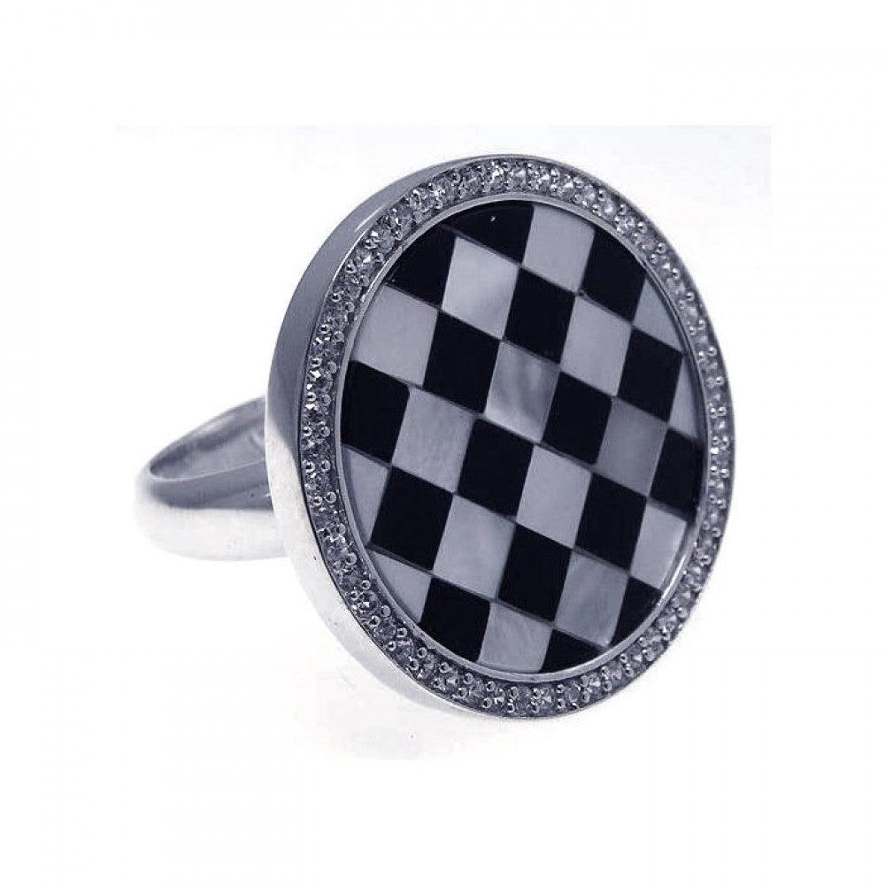 Sterling Silver 925 Rhodium Plated Clear CZ Black White Checker Ring Sizes 5-9