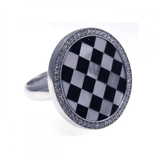 Sterling Silver 925 Rhodium Plated Clear CZ Black White Checker Ring Sizes 5-9