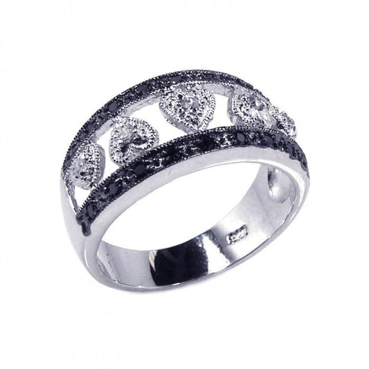 Sterling Silver 925 Rhodium Plated Half Black Clear CZ Heart Ring Sizes 5-10