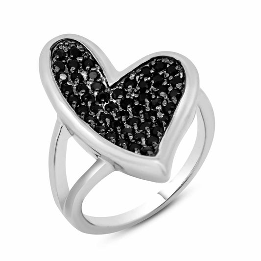 Sterling Silver 925 Rhodium Plated Black Pave CZ Heart Ring Band Sizes 5-9