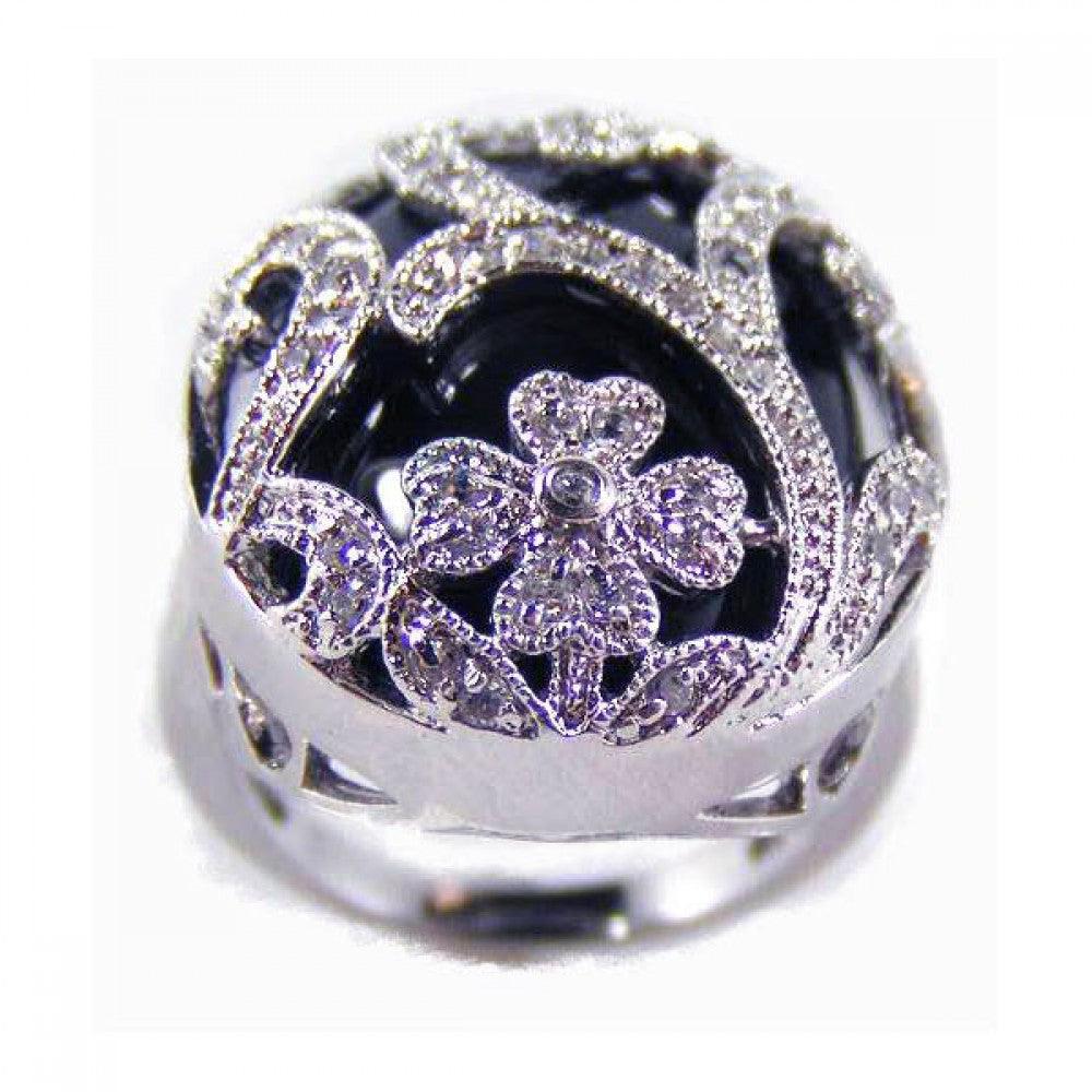 Sterling Silver 925 Rhodium Plated Black Onyx Clear CZ Flower Ring Sizes 5-10