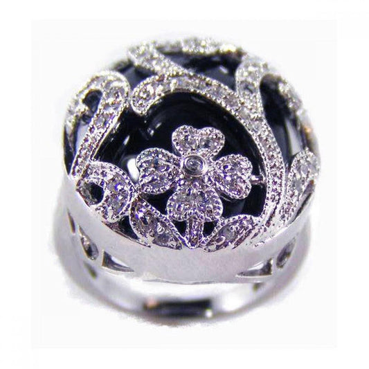 Sterling Silver 925 Rhodium Plated Black Onyx Clear CZ Flower Ring Sizes 5-10