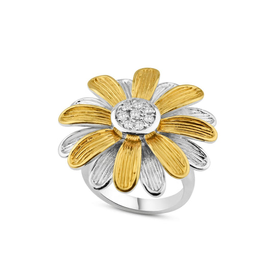 Sterling Silver 925 Rhodium and Gold Plated Clear CZ Daisy Flower Ring Sizes 5-9