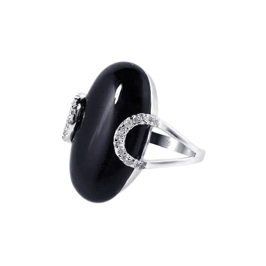 Sterling Silver 925 Rhodium Plated Black Onyx Clear CZ Oval Ring Sizes 5-9