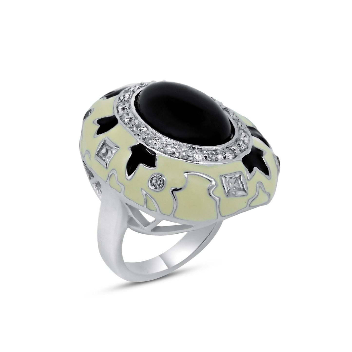 Sterling Silver 925 Rhodium Plated Black White Enamel Clear CZ Ring Sizes 5-9