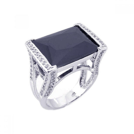 Sterling Silver 925 Rhodium Plated Black Onyx Clear CZ Square Ring Sizes 5-9