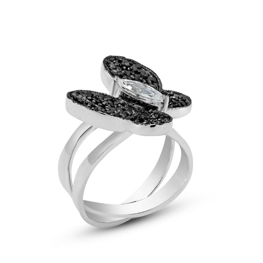 Sterling Silver 925 Black Rhodium Plated Clear Black CZ Butterfly Ring Sizes 5-9