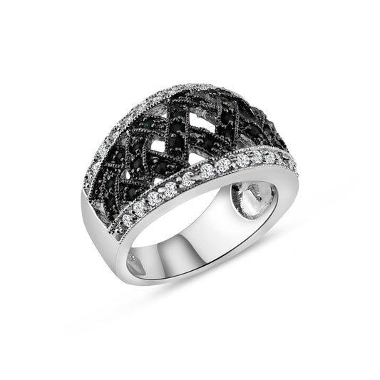 Sterling Silver 925 Black Rhodium Plated Clear & Black CZ Net Ring Sizes 5-9