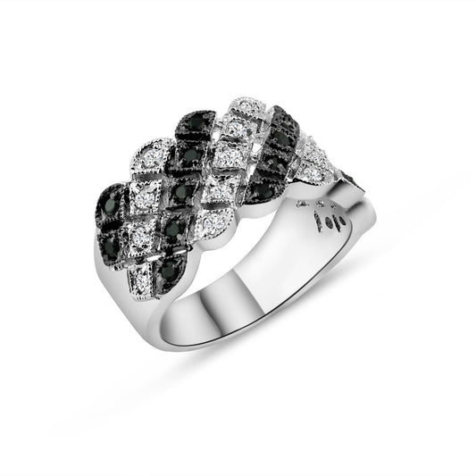 Sterling Silver 925 Rhodium Plated Diamond-Shaped Black Clear CZ Ring Sizes 5-9