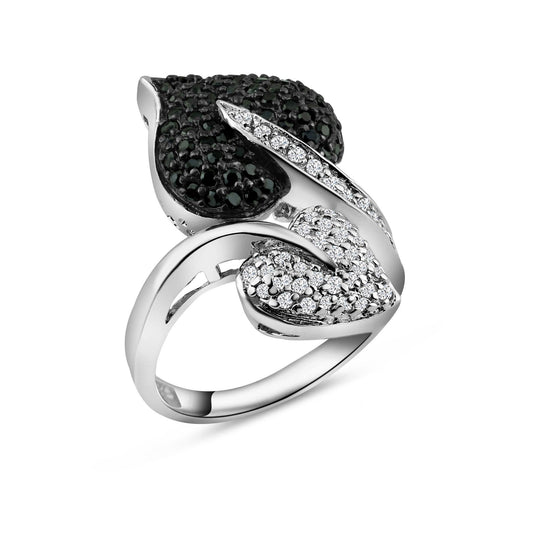 Sterling Silver 925 Black Rhodium Plated Black & Clear CZ Leaf Ring Sizes 5-9