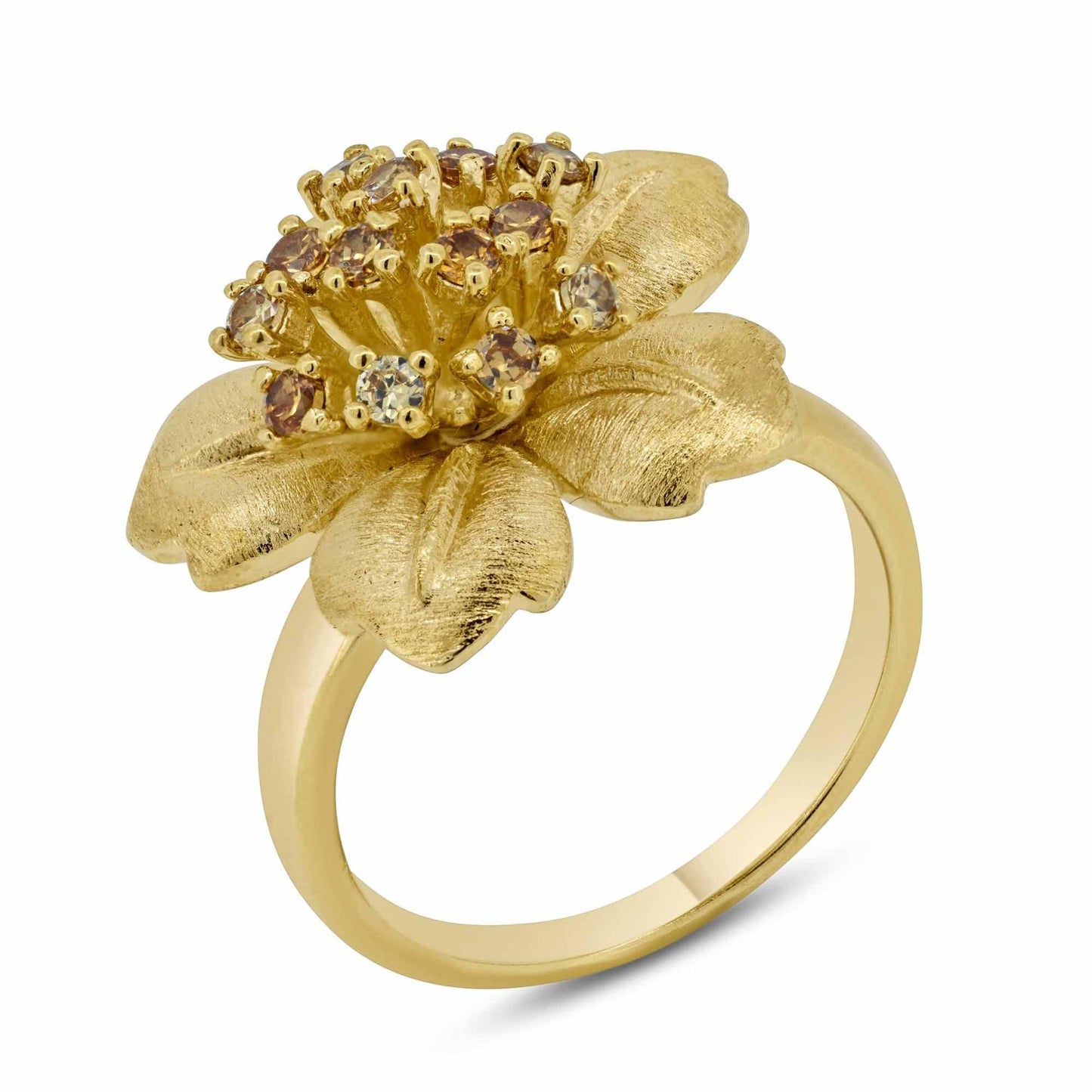 Sterling Silver 925 Gold Plated Clear & Champagne CZ Flower Ring Band Sizes 5-9