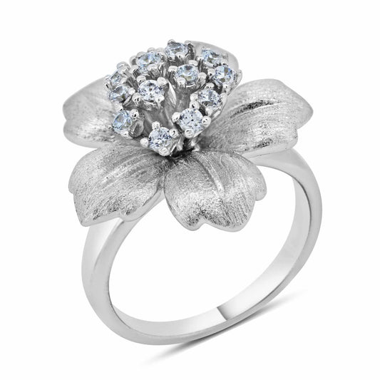 Sterling Silver 925 Rhodium Plated Matte Finish Clear CZ Flower Ring Sizes 5-9