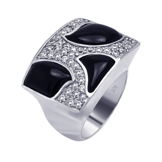 Sterling Silver 925 Rhodium Plated Black Onyx Clear CZ Square Ring Sizes 5-9