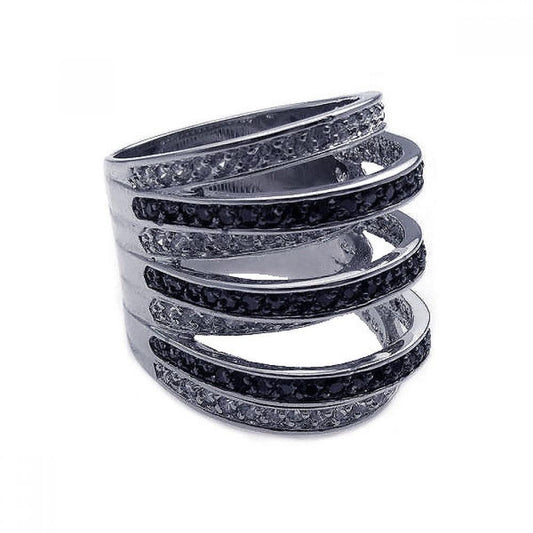 Sterling Silver 925 Black Rhodium Plated Black & Clear CZ Stripe Ring Sizes 5-9