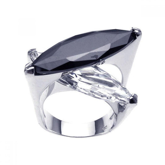 Sterling Silver 925 Rhodium Plated Black & Clear CZ Crossing Ring Band Sizes 5-6