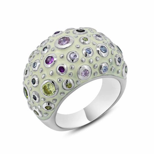 Sterling Silver 925 Rhodium Plated White Enamel Multi Colored CZ Ring Sizes 5-9