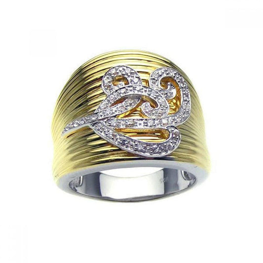 Sterling Silver 925 Rhodium & Gold Plated Clear CZ Flower Ring Band Sizes 5-9