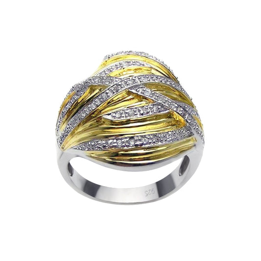 Sterling Silver 925 Rhodium & Gold Plated CZ Overlapping Ring Band Sizes 5-9