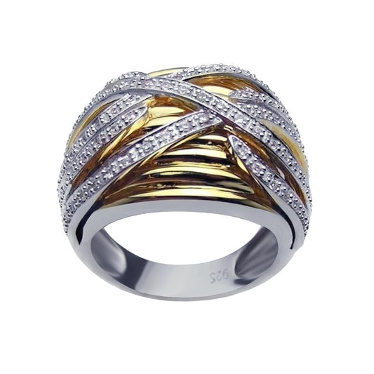 Sterling Silver 925 Rhodium & Gold Plated Clear CZ Overlapping Ring Sizes 5-9