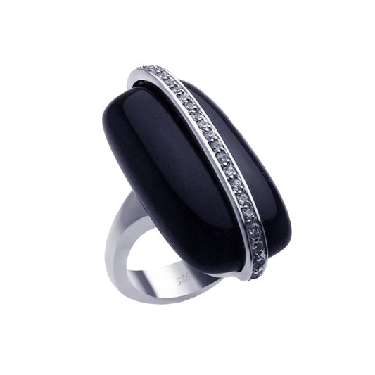 Sterling Silver 925 Rhodium Plated Clear CZ Elongated Black Onyx Ring Sizes 5-9