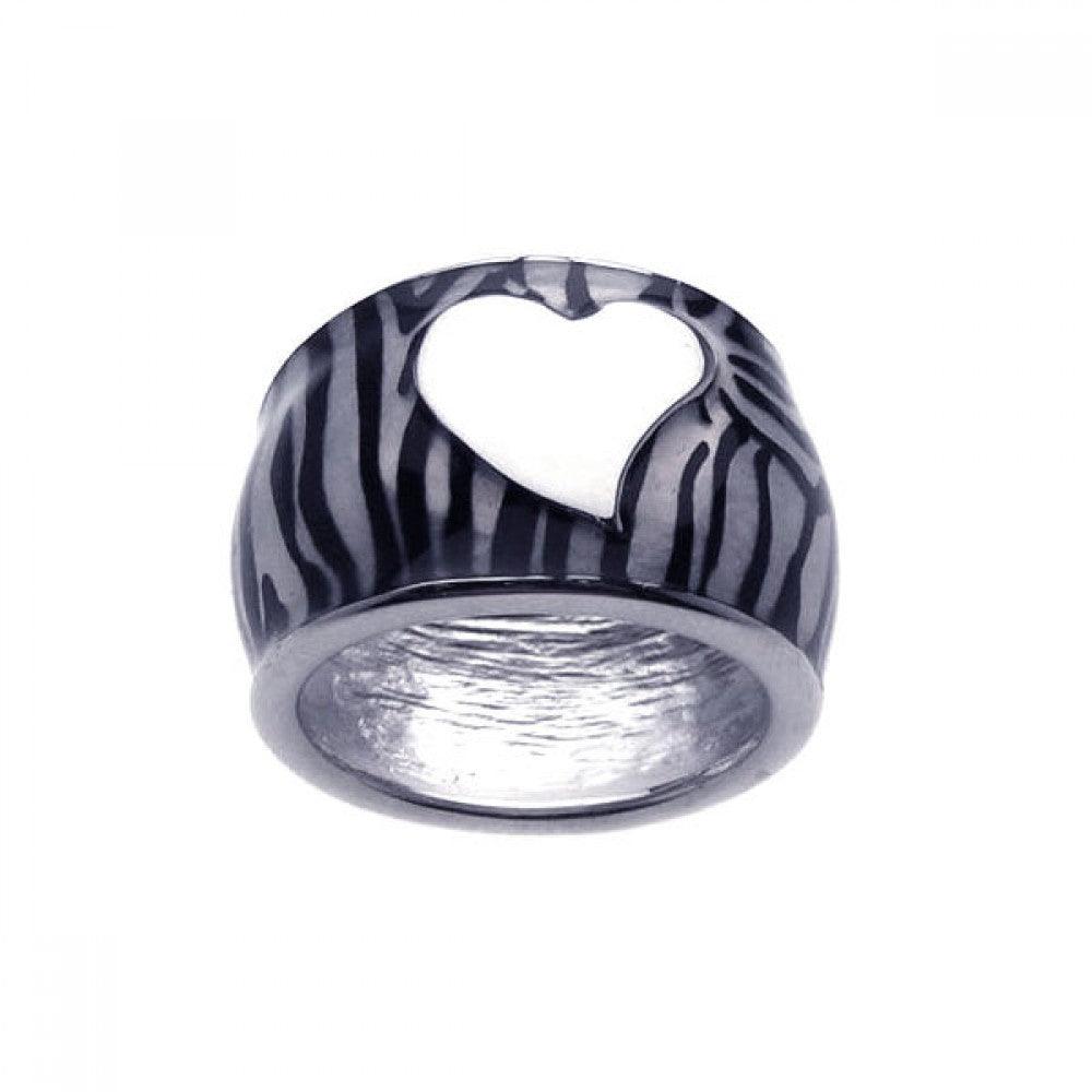Sterling Silver 925 Rhodium Plated White Heart Zebra Stripe Ring Sizes 5-9