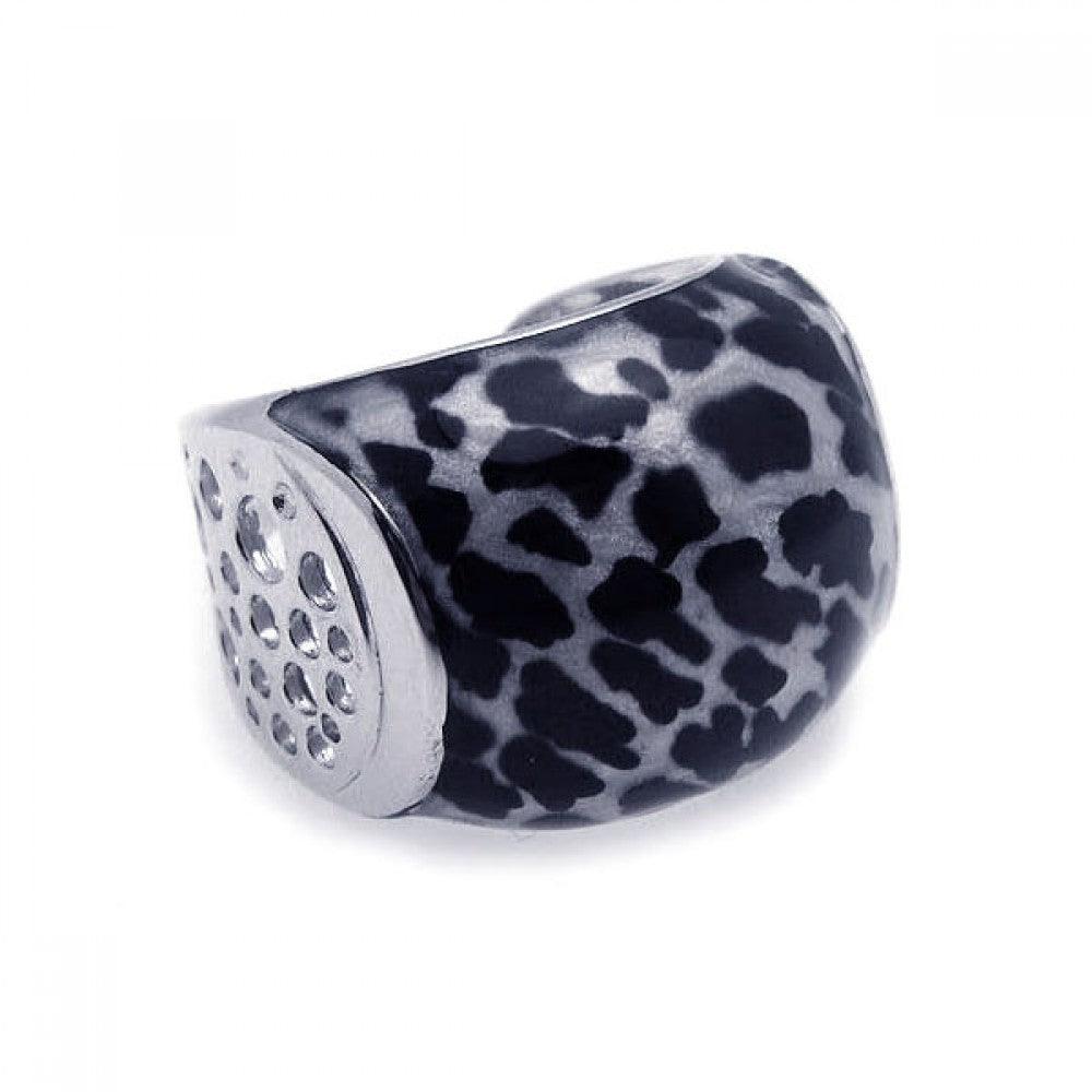 Sterling Silver 925 Rhodium Plated Black White Leopard Print Spot Ring Sizes 5-9