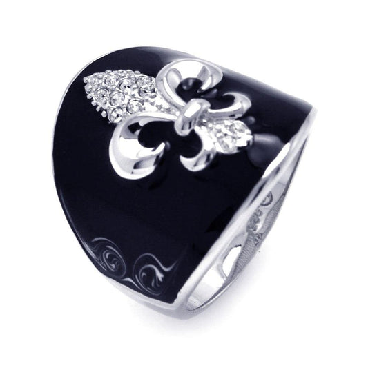 Sterling Silver 925 Rhodium Plated Black Enamel CZ Fleur De Lis Ring Sizes 5-9