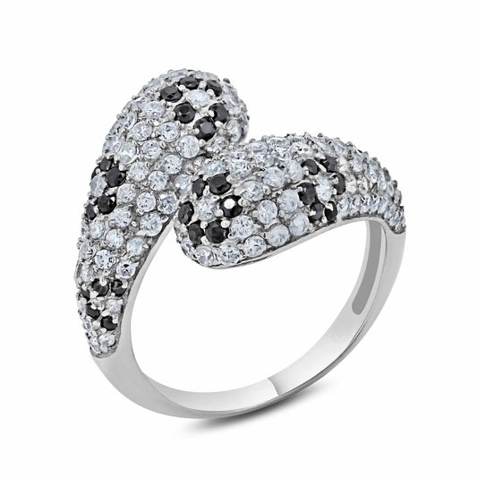 Sterling Silver 925 Rhodium Plated Black & Clear CZ Flower Ring Band Sizes 5-9