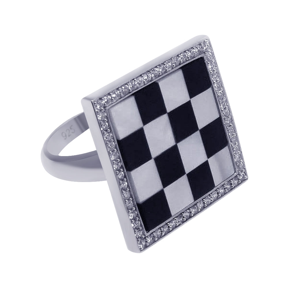 Sterling Silver 925 Rhodium Plated Clear CZ Black White Checker Ring Sizes 5-9