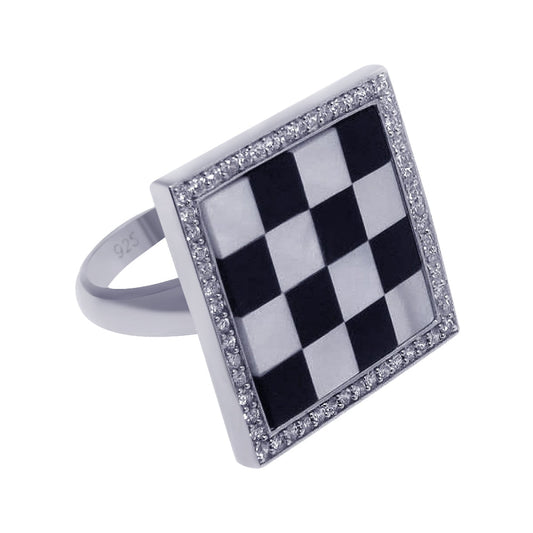 Sterling Silver 925 Rhodium Plated Clear CZ Black White Checker Ring Sizes 5-9