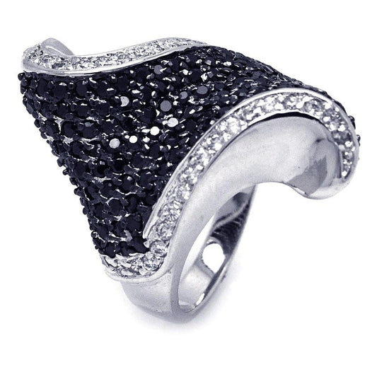 Sterling Silver 925 Black Rhodium Plated Clear Black CZ Wave Ring Sizes 5-9