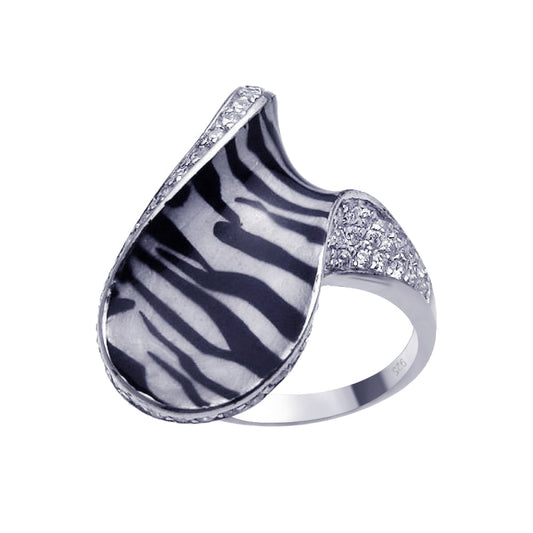 Sterling Silver 925 Rhodium Plated Clear CZ Zebra Print Stripe Ring Sizes 5-8