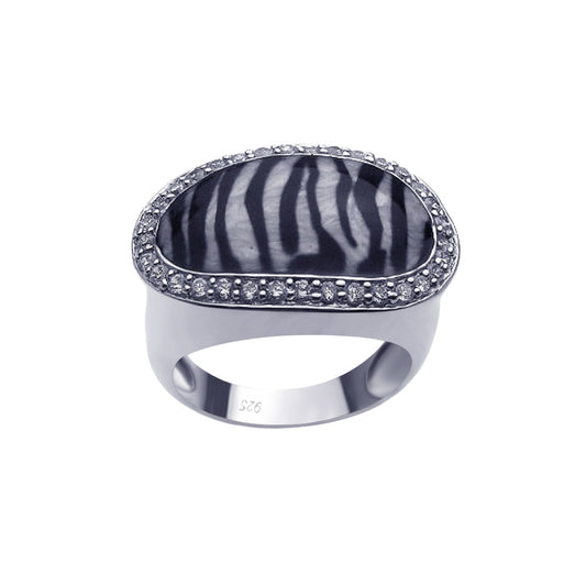 Sterling Silver 925 Rhodium Plated Clear CZ Border Zebra Print Ring Sizes 5-9
