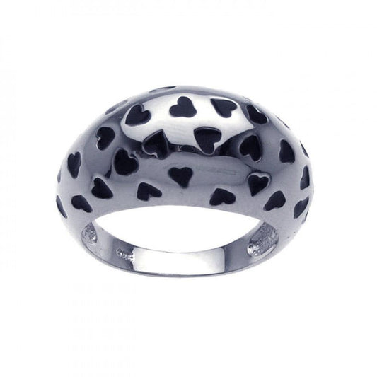 Sterling Silver 925 Rhodium Plated Black Enamel Heart Dome Ring Band Sizes 5-9