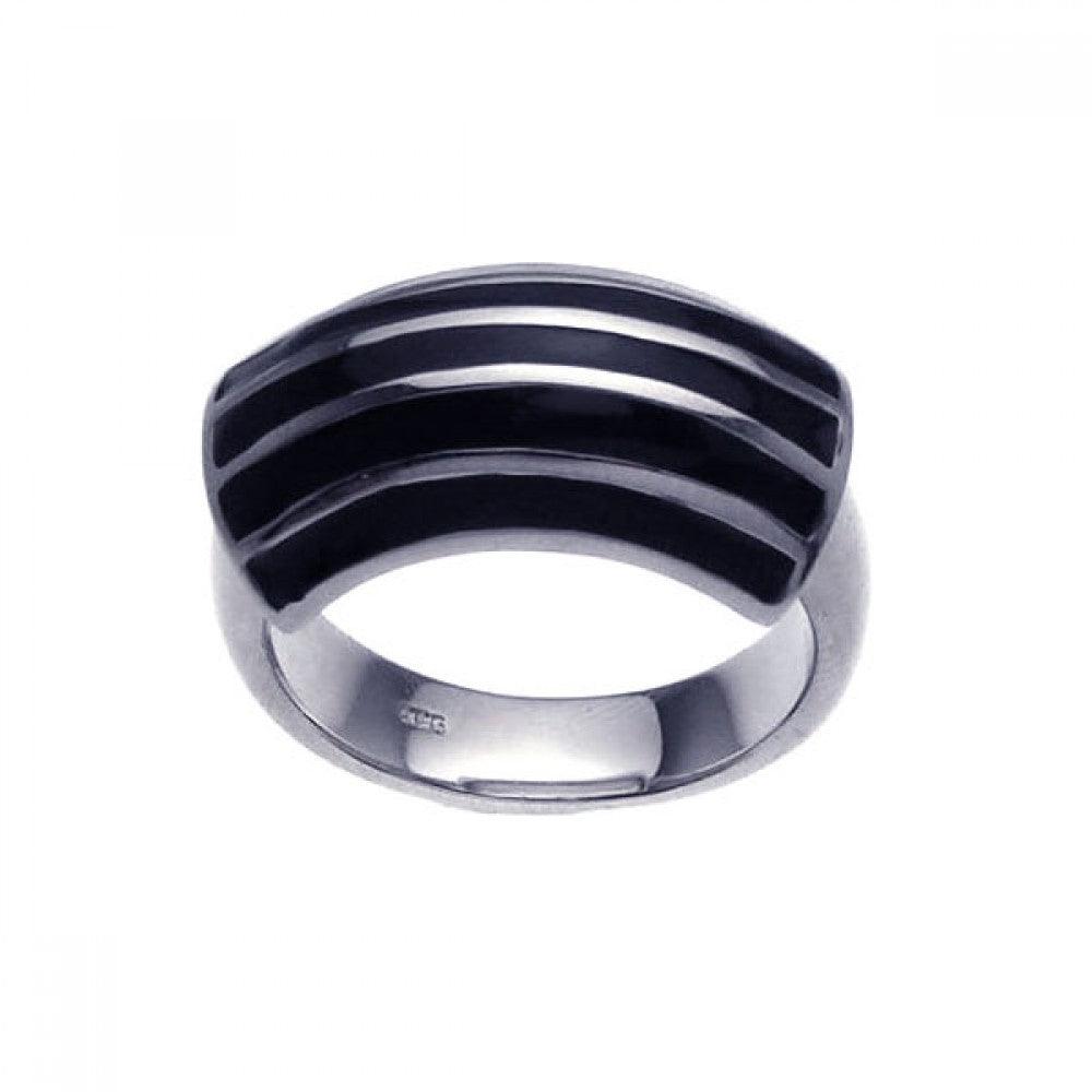 Sterling Silver 925 Rhodium Plated Black Enamel Stripe Ring Band Sizes 5-9